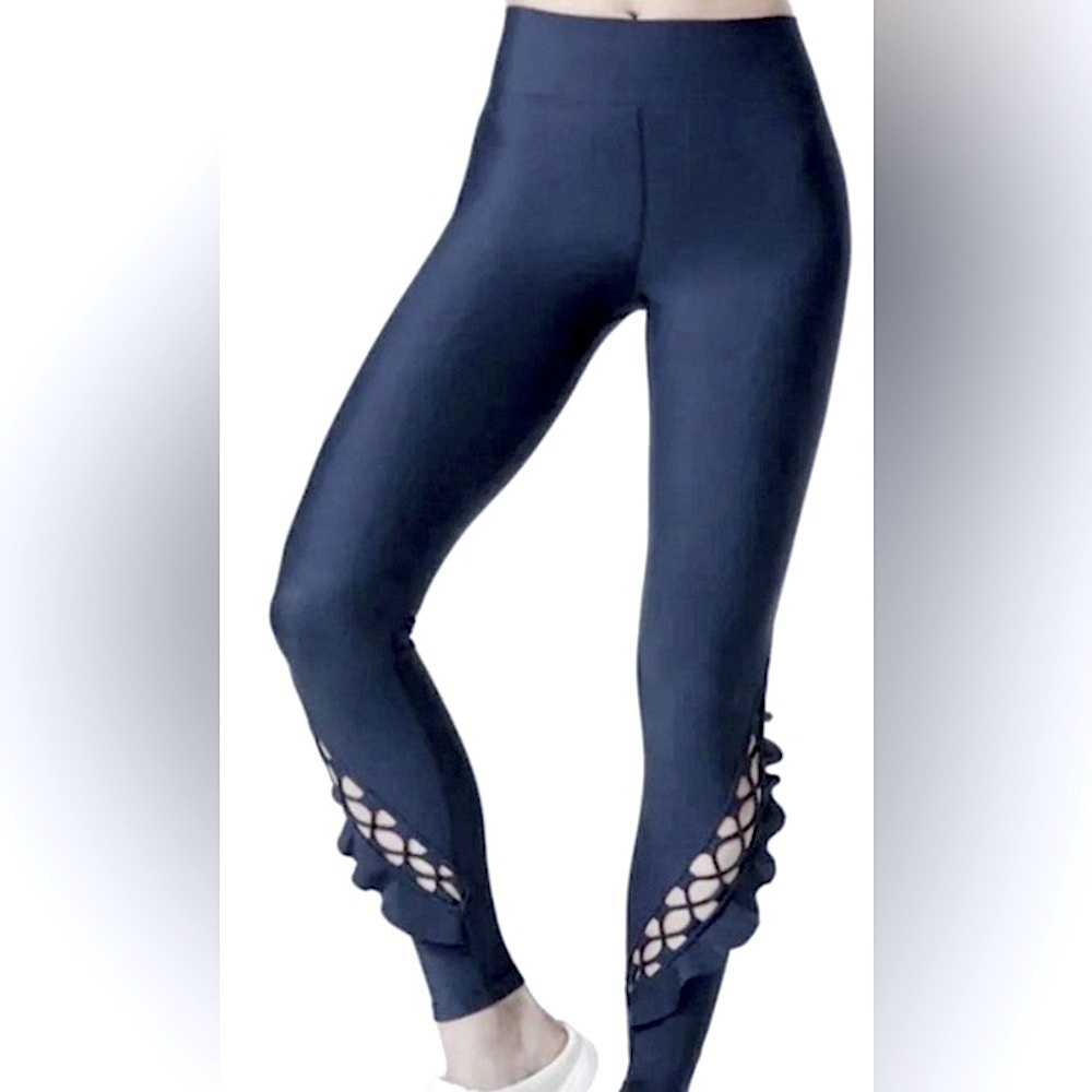 Carbon38 Ruffle cut-out High Waist LUXURY Athletic Leggings Navy Blue Women’s XS